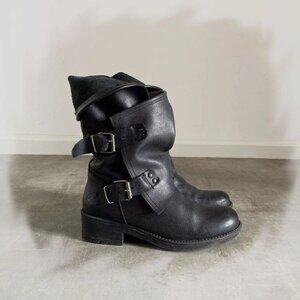 Y2K 00s leather biker boots with silver buckles